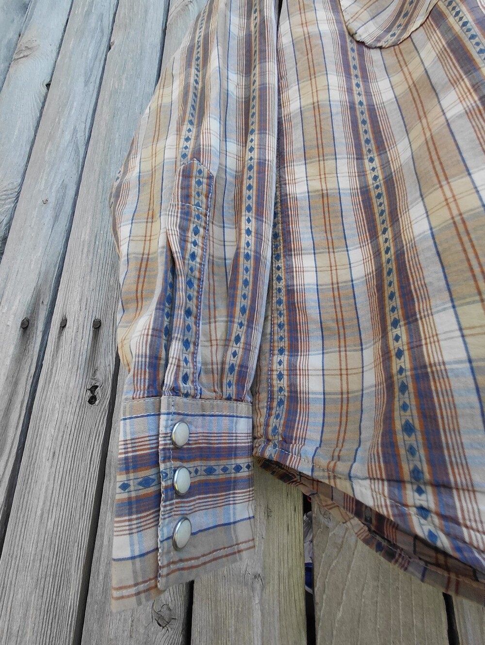 Lucky Brand western style pearl snap brown & navy blue plaid shirt Womens M - Picture 10 of 12